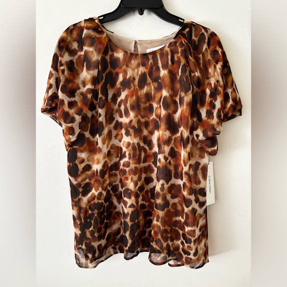 Calvin Klein Tops - Calvin Klein Brown and Tan Animal Print Puff Sleeve Blouse NWT